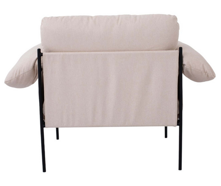 Modern beige upholstered armchair with black metal frame, rear view