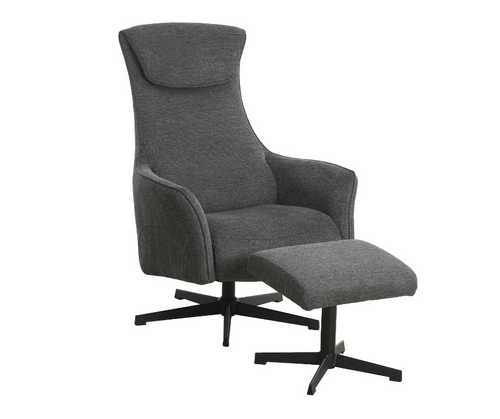 Modern grey fabric accent chair with high backrest and matching ottoman, swivel base