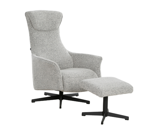 Modern grey swivel armchair with matching ottoman and black metal legs