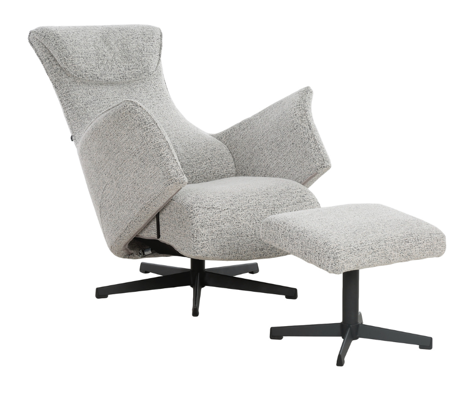 Modern gray fabric lounge chair with matching ottoman and black metal legs