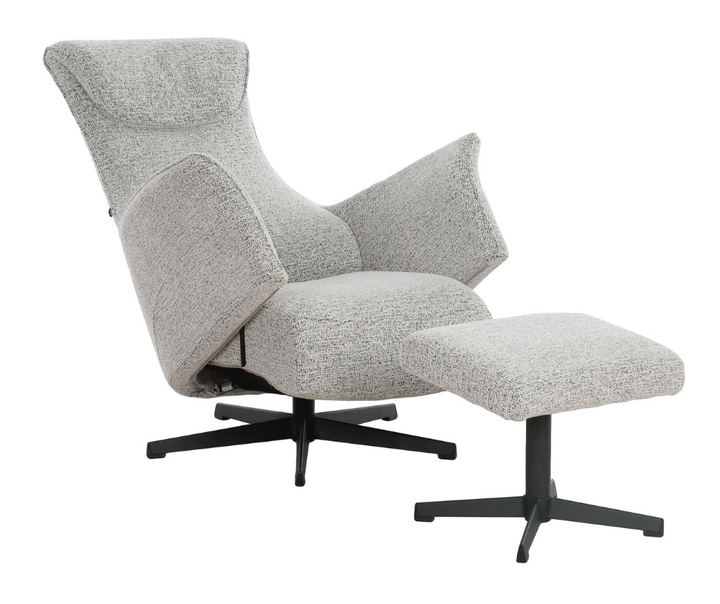 Modern gray fabric lounge chair with matching ottoman and black metal legs