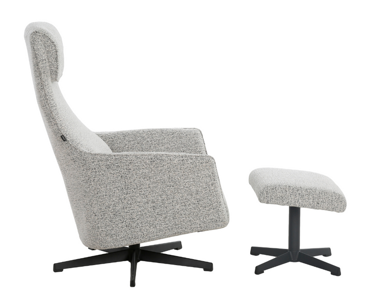 Modern grey upholstered lounge chair with matching ottoman and black metal legs