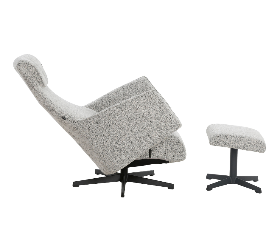 Modern recliner chair with matching ottoman in light gray fabric on black swivel bases