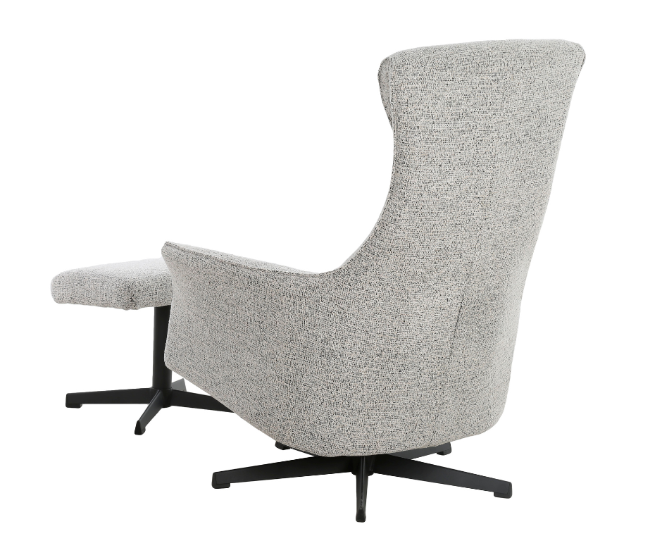 Modern grey upholstered lounge chair with matching ottoman and black swivel bases