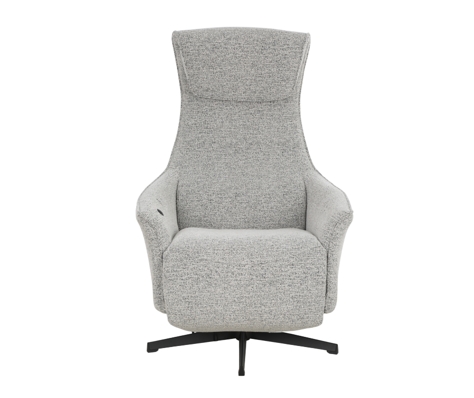 Modern grey upholstered accent chair with high back and black swivel base