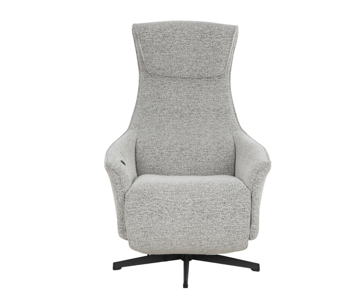 Modern grey upholstered accent chair with high back and black swivel base