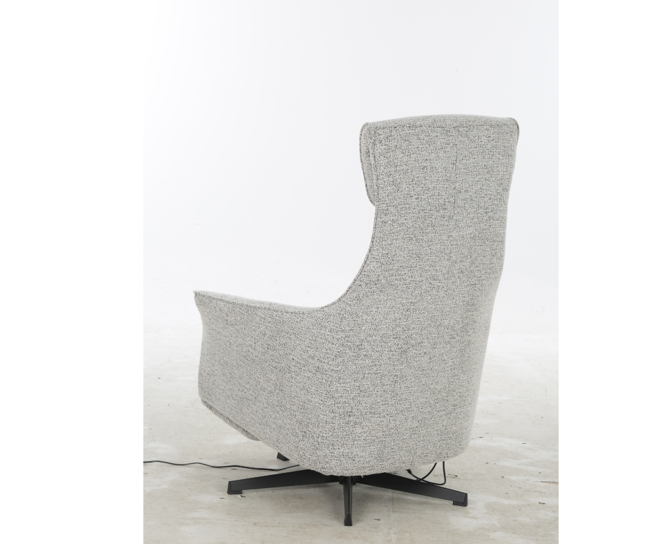 Modern grey fabric swivel lounge chair with high backrest and metal base, rear view