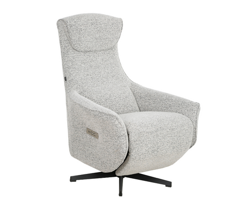 Modern light grey upholstered accent chair with high back and swivel metal base