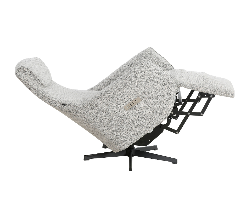 Modern grey recliner armchair with adjustable footrest and swivel base, home furniture