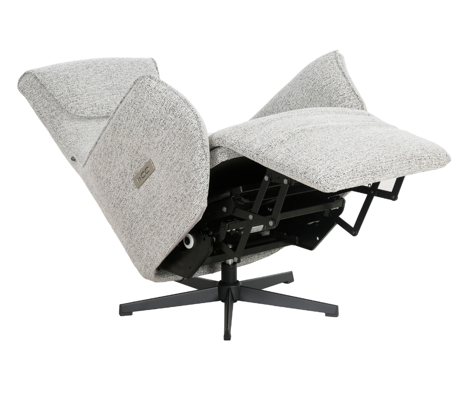 Modern reclining swivel lounge chair with light grey fabric upholstery and metal base