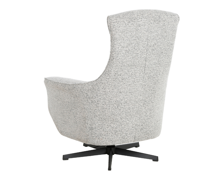 Modern grey upholstered swivel accent chair with black metal base, rear view