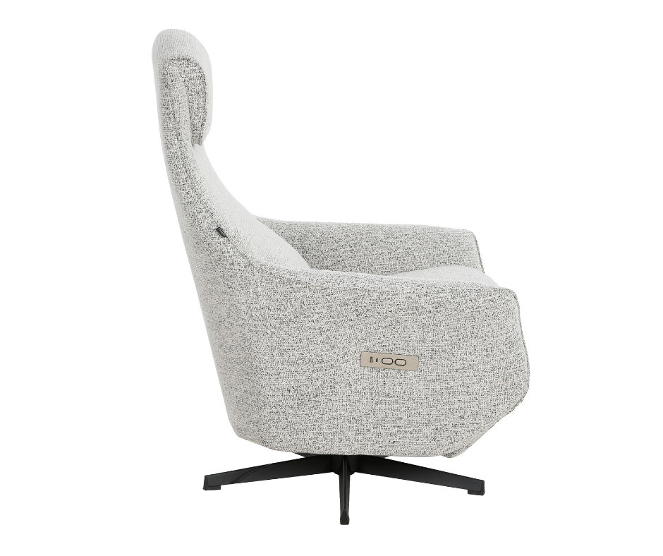 Modern grey swivel lounge chair with high back and metal base, side view