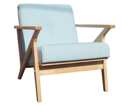 Modern wooden armchair with light blue upholstered seat and backrest