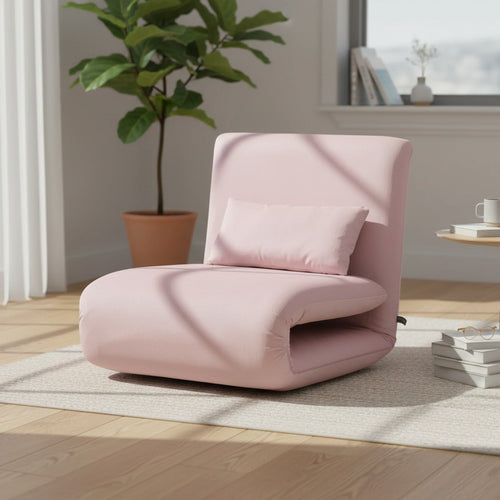 Pink foldable floor chair with cushion, modern living room seating, cozy home furniture