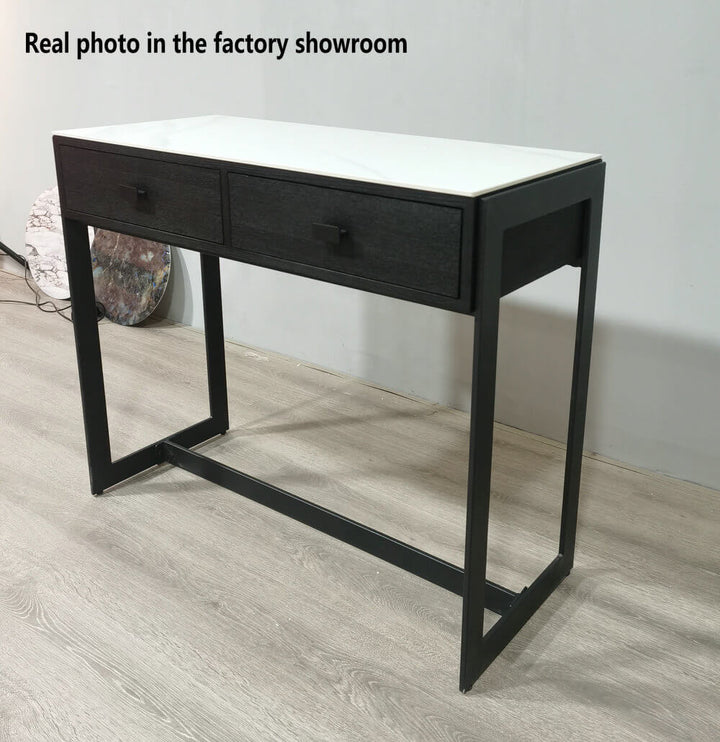 Black console table with drawers sintered stone top
