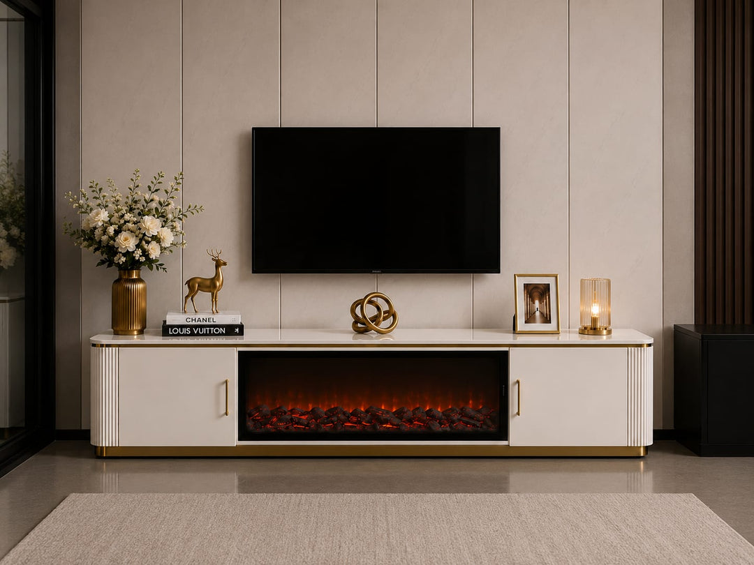 Arcadia Luxury LED Fireplace TV Unit – White Stone Top