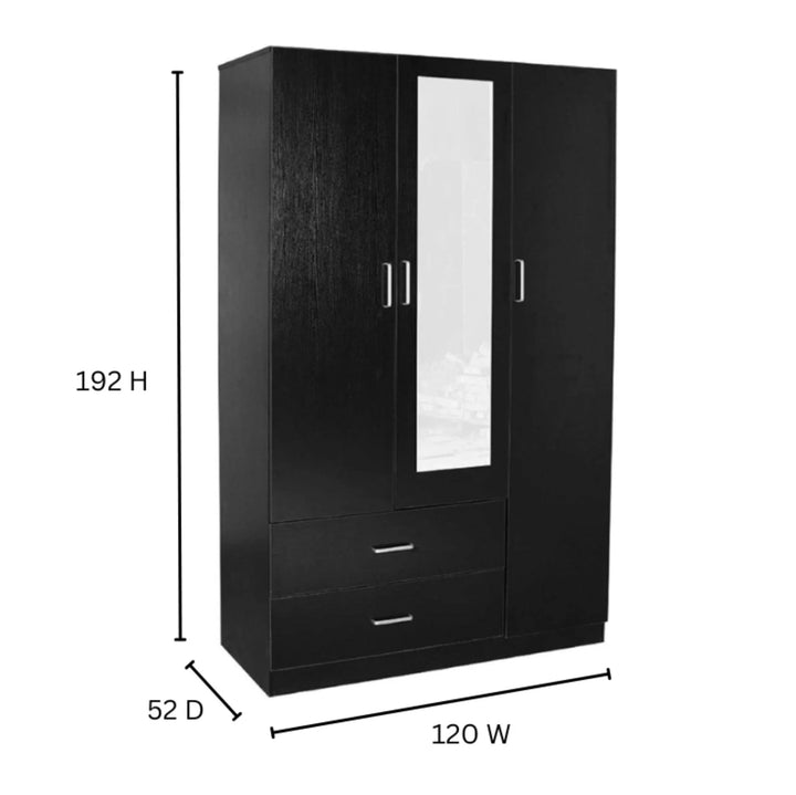 Beli 3 Doors 2 Drawers Mirror Black Wardrobe - DLB Furniture