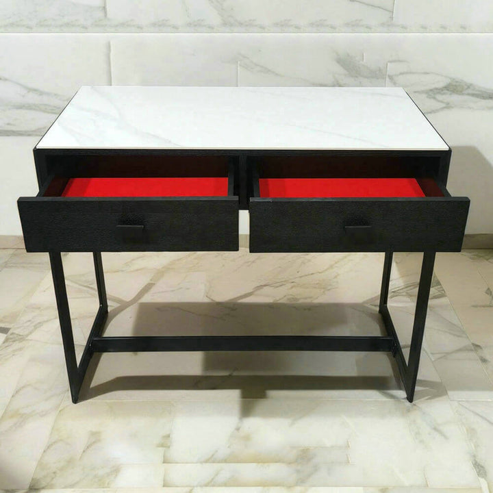 Black console table with drawers