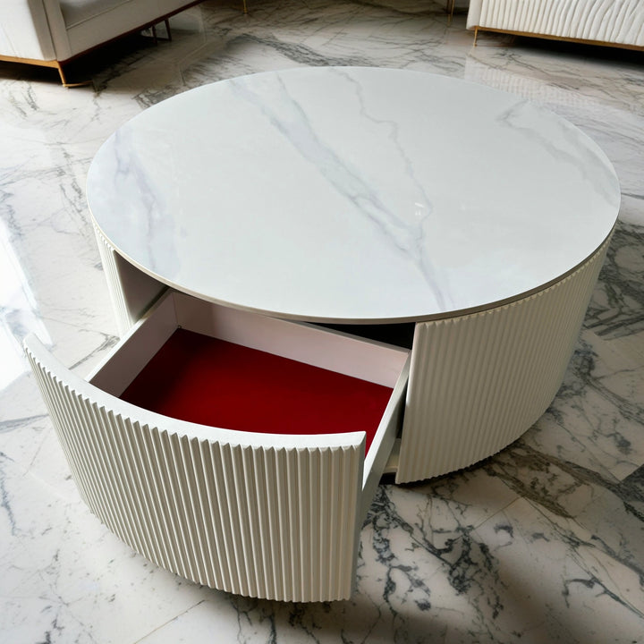 Central Round White Coffee Table 2 Drawers