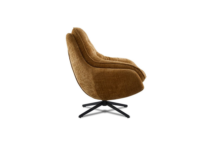 Mid-century modern brown swivel lounge chair with metal base on white background