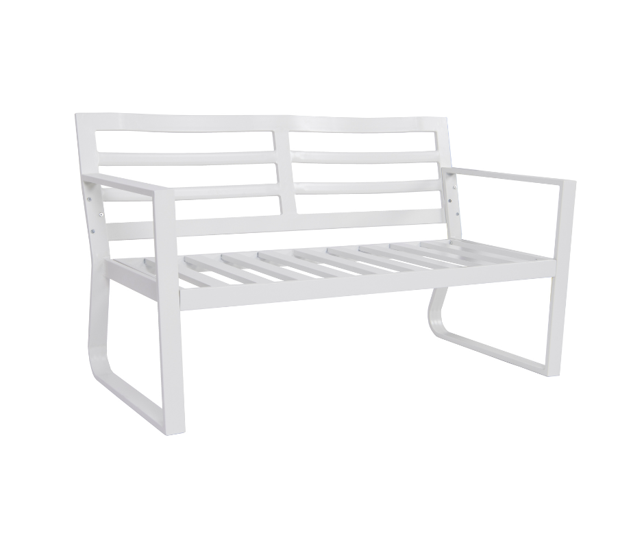 Modern white metal bench with slatted seat and backrest, contemporary home furniture