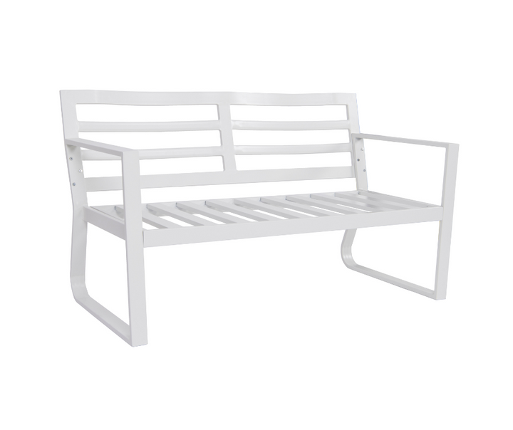 Modern white metal bench with slatted seat and backrest, contemporary home furniture