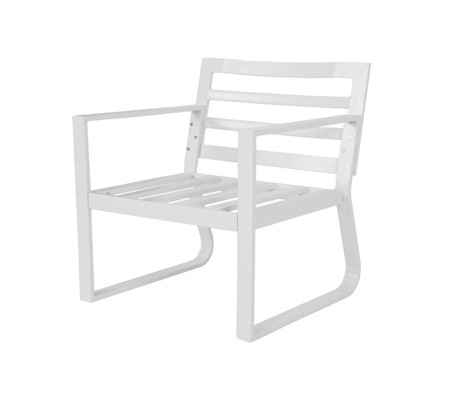 Modern white metal armchair with slatted back and seat, minimalist home furniture