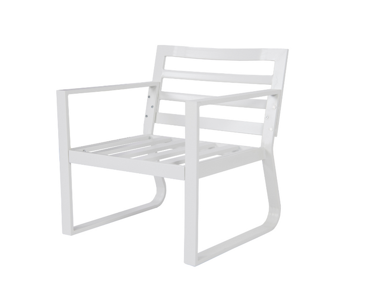 Modern white metal armchair with slatted back and seat, minimalist home furniture