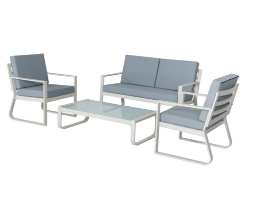 Modern outdoor patio furniture set with two armchairs, a loveseat, and a glass coffee table