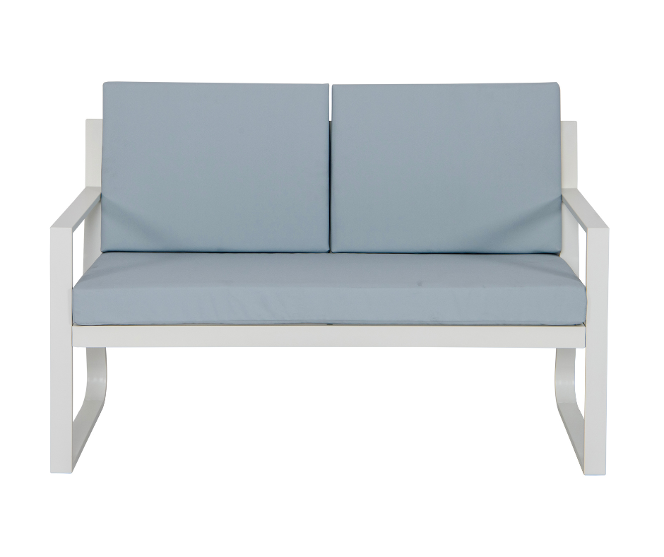 Modern white two-seater sofa with light blue cushions and metal frame, front view.