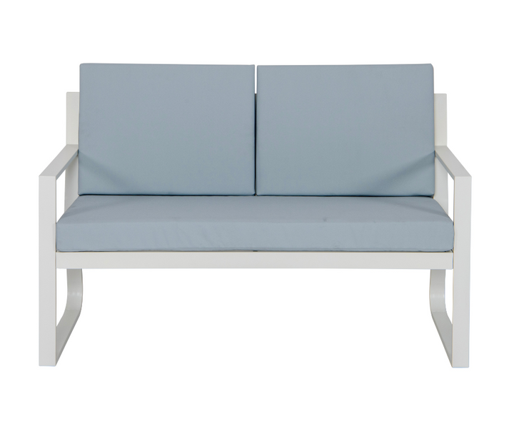 Modern white two-seater sofa with light blue cushions and metal frame, front view.