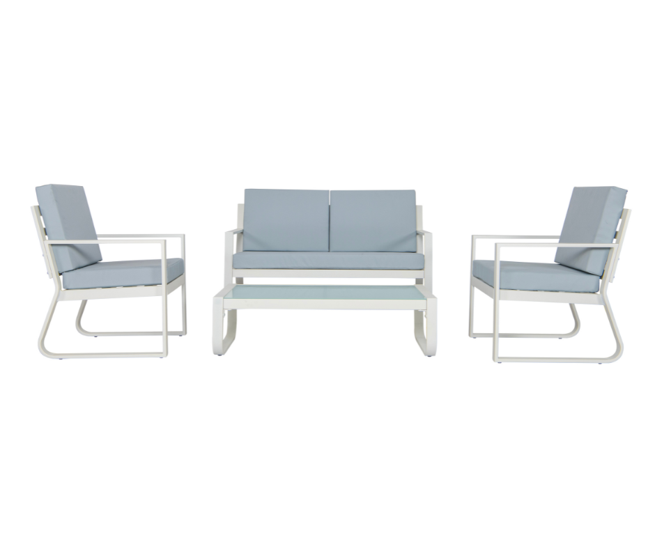 Modern patio furniture set with white metal frames and light blue cushions, includes loveseat, two chairs, and coffee table.