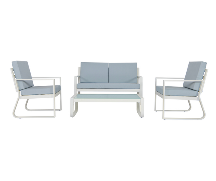 Modern patio furniture set with white metal frames and light blue cushions, includes loveseat, two chairs, and coffee table.