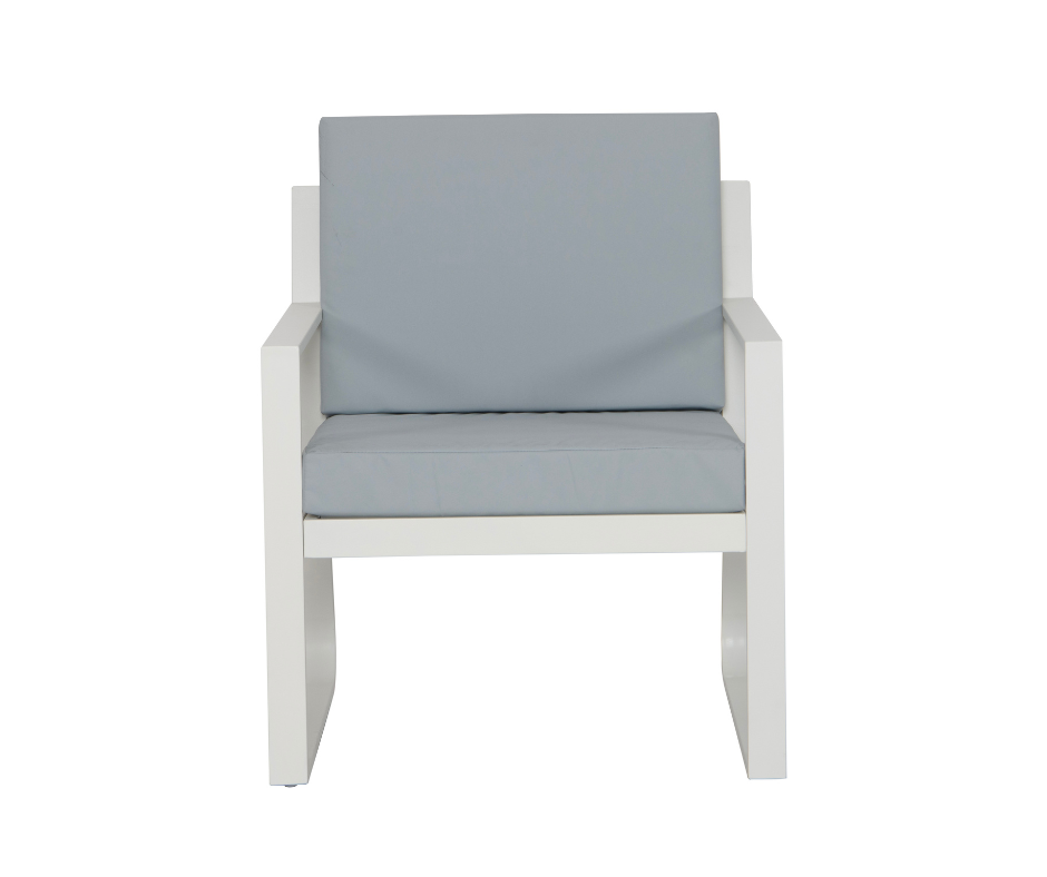 Modern white armchair with light grey cushions, minimalist home furniture