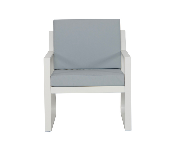Modern white armchair with light grey cushions, minimalist home furniture