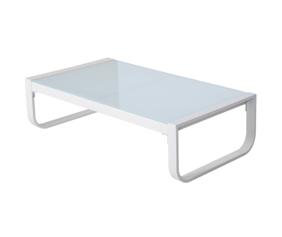 Modern rectangular coffee table with white metal frame and frosted glass top