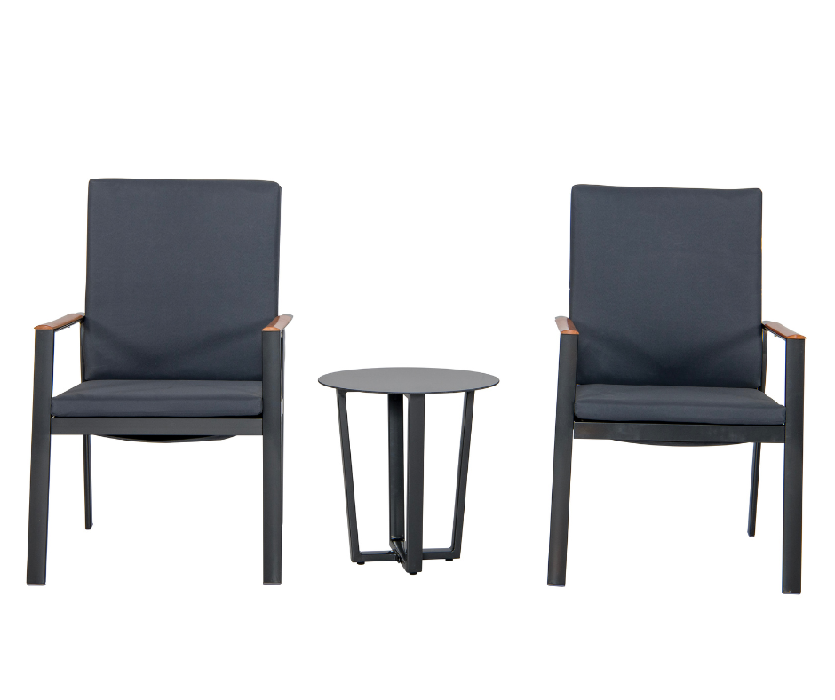 Modern black armchair set with cushioned seats and a round metal side table