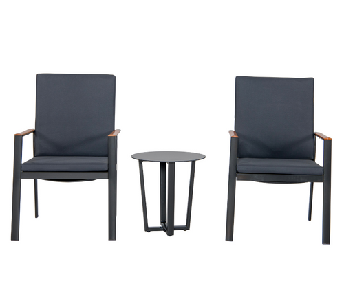 Modern black armchair set with cushioned seats and a round metal side table