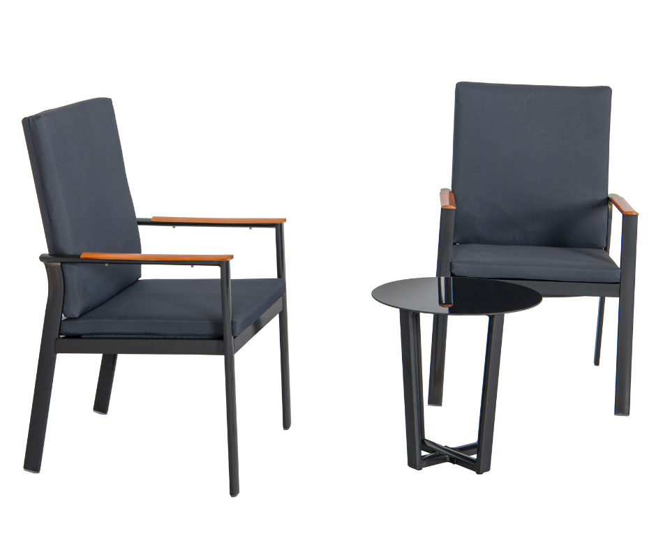 Modern black armchairs with wooden armrests and a round black side table, ideal for home furniture.