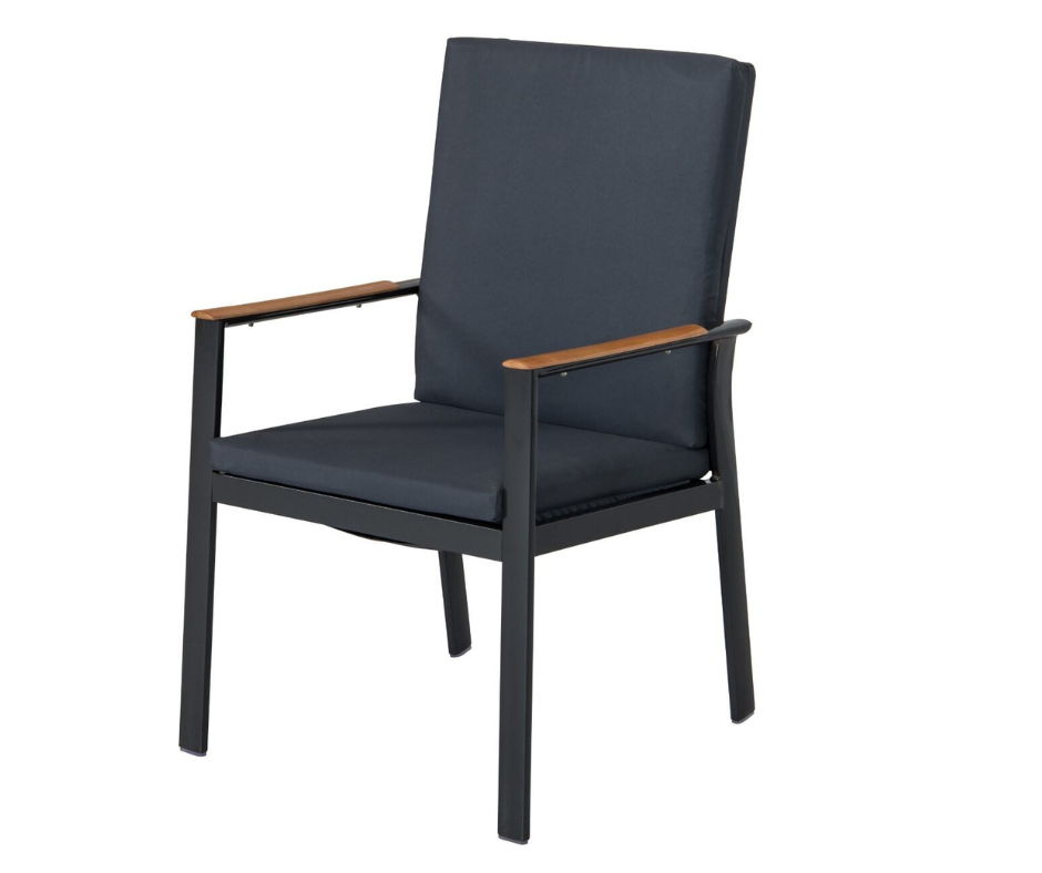 Modern black padded armchair with metal frame and wooden armrests for home seating
