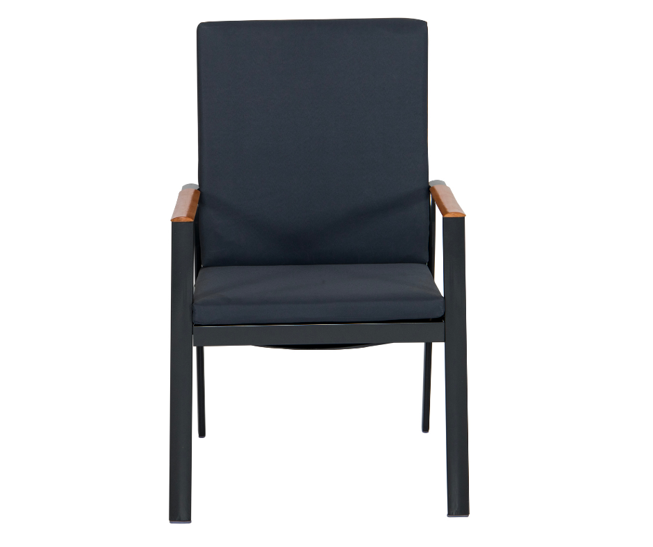 Modern black cushioned armchair with sleek metal frame and wooden armrests