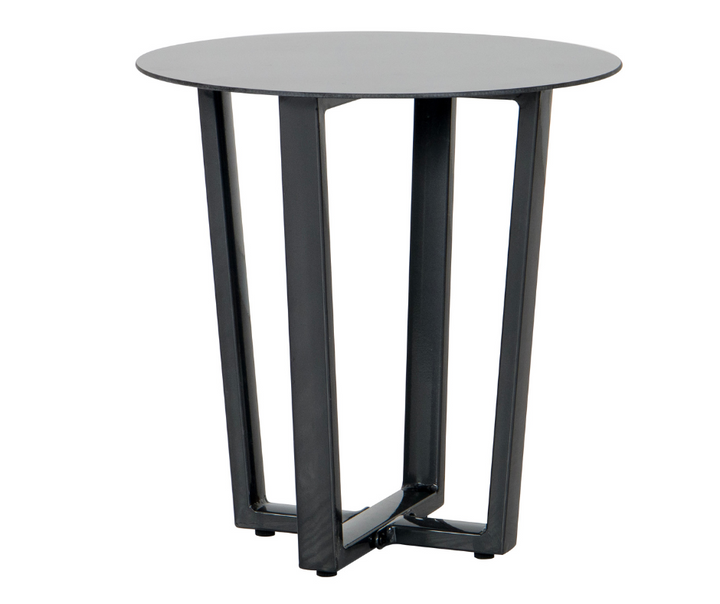 Modern round black metal side table with geometric open-frame legs, home furniture