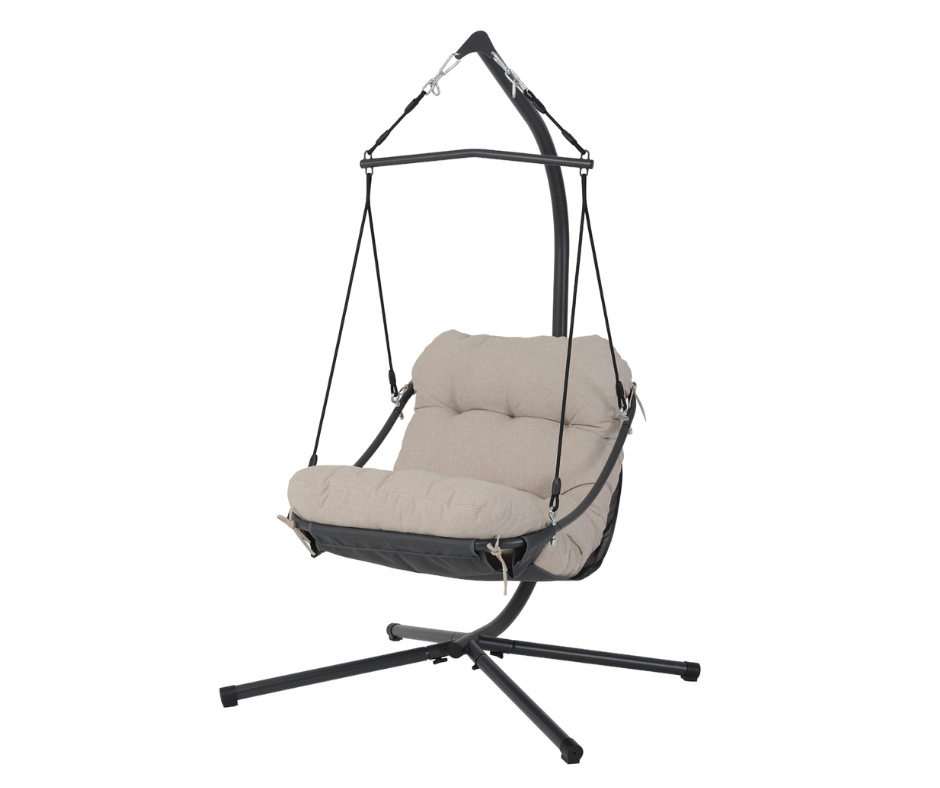 Modern beige cushioned hanging chair with black metal stand for home furniture