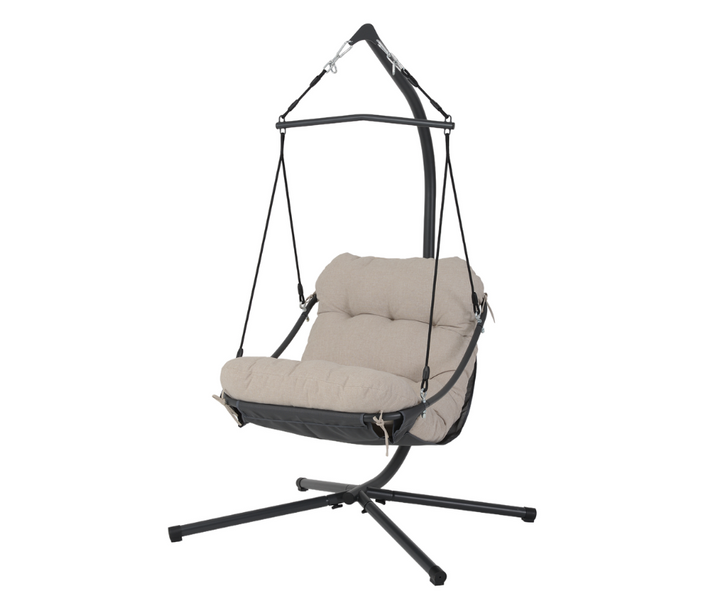 Modern beige cushioned hanging chair with black metal stand for home furniture