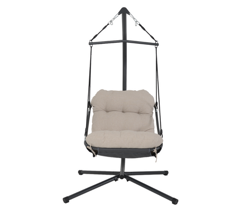 Beige cushioned hanging chair with black metal stand for indoor or outdoor seating