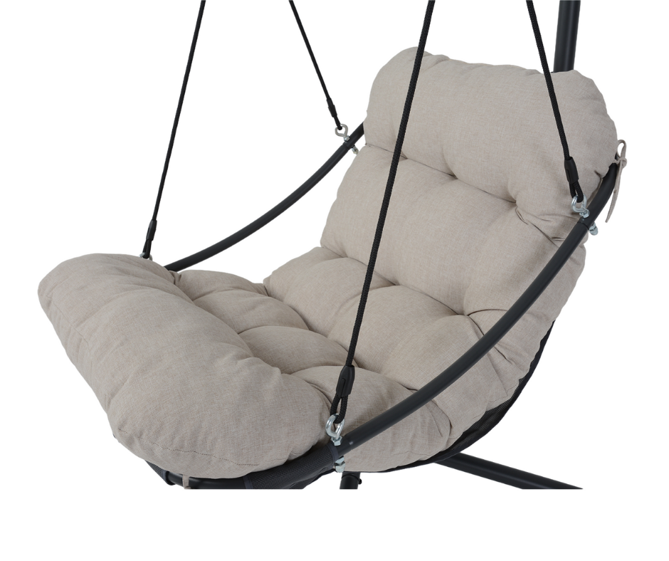 Beige cushioned hanging chair with black metal frame for indoor or outdoor seating