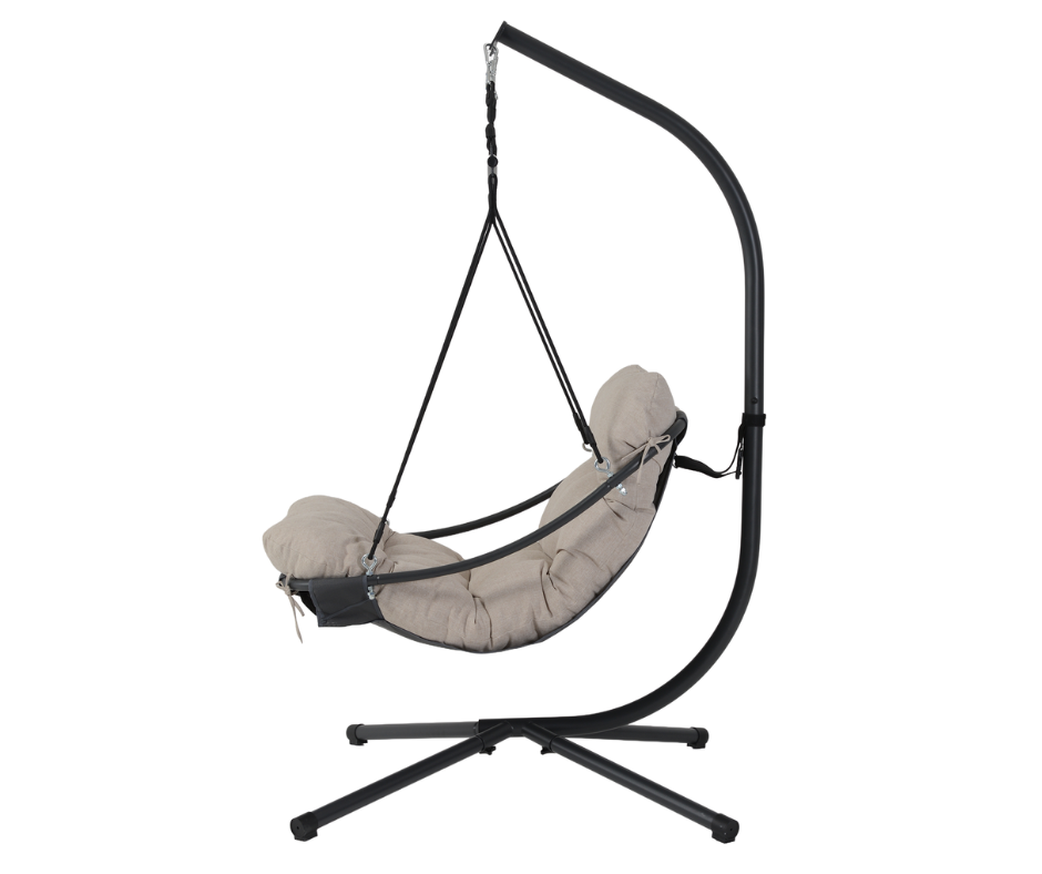 Modern hanging egg chair with beige cushion and black metal stand