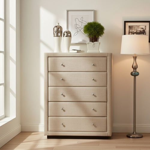 Modern beige fabric dresser with four drawers in a bright, stylish living room setting