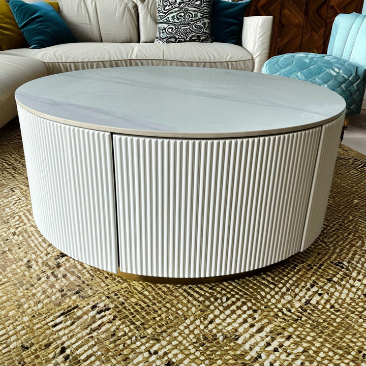 Central Round White Coffee Table 2 Drawers