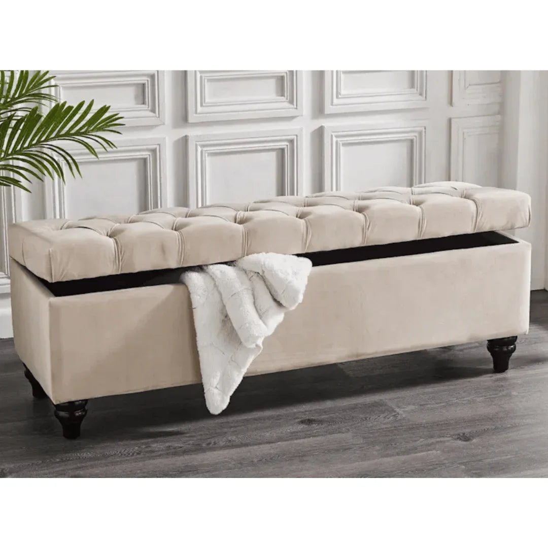 Rania Velvet Storage Bench Ottoman Storage Box Medium Cream - DLB Furniture